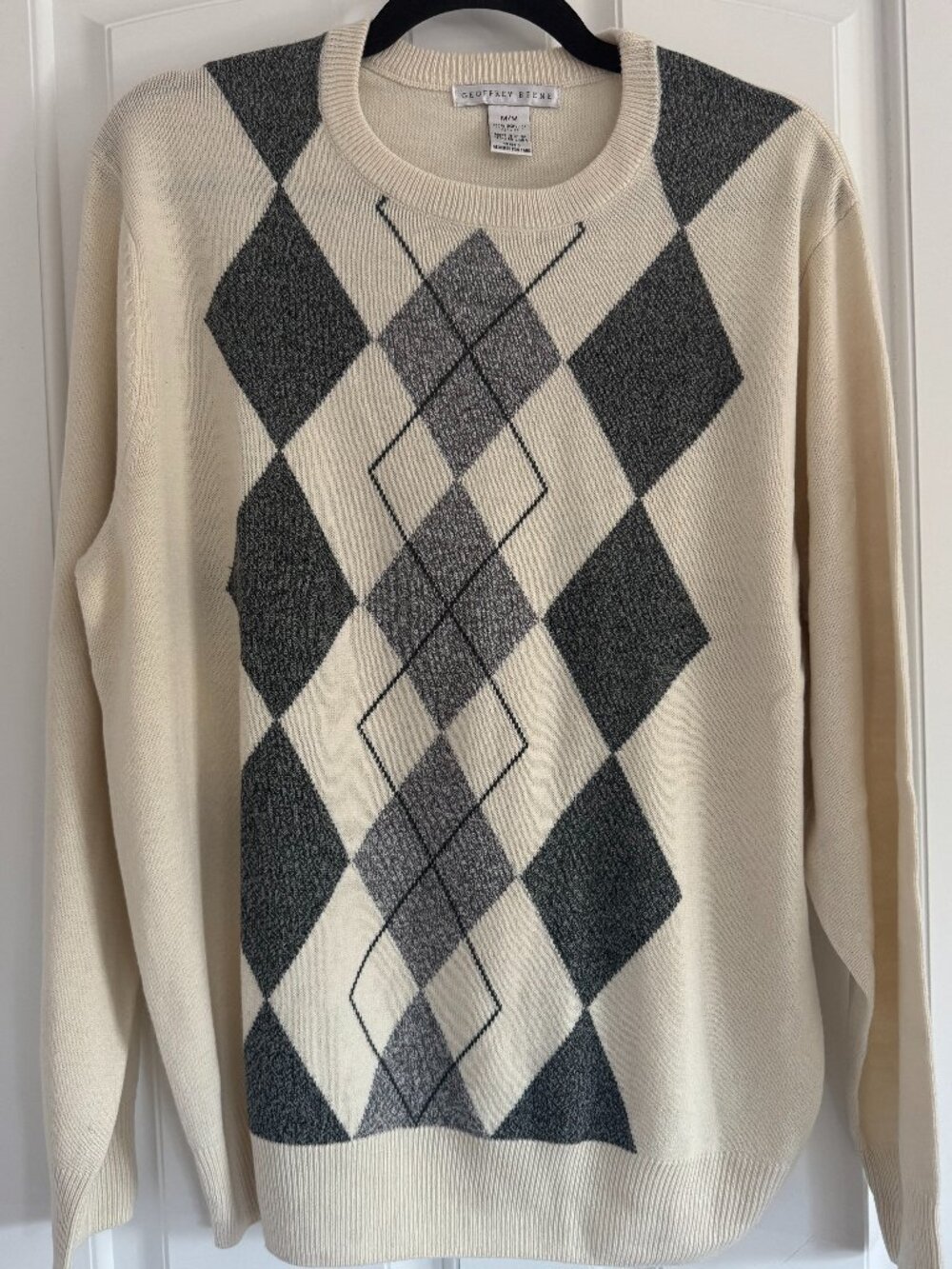 M Men's Geoffrey Beene Argyle Preppy Vintage Lightweight Sweater Ivory Gray